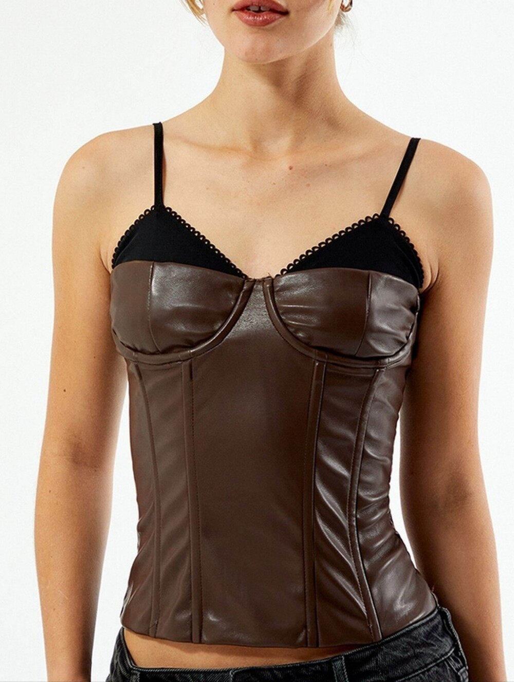 WeWoreWhat Revolve Brown Black Vegan Faux Leather Lace Boning Corset Top 2 NWT